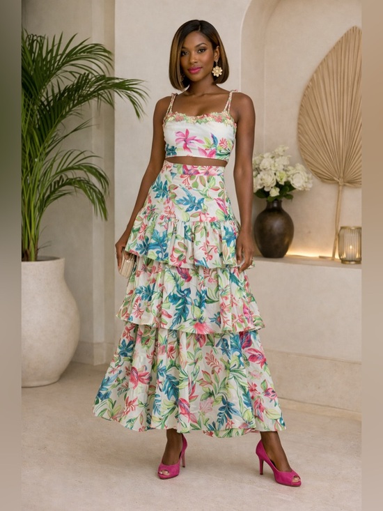 Dresses & Skirts - Floral Tiered Ruffle Maxi Skirt & Top Set - Multicolor